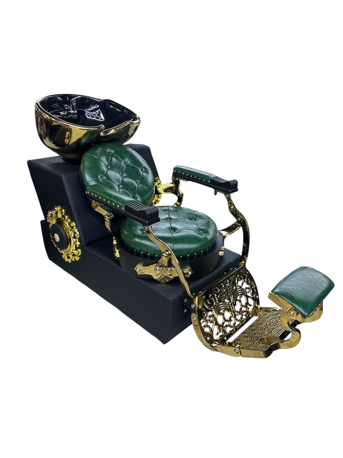 King wash unit leather dark green frame gold shampoo chair golden style
