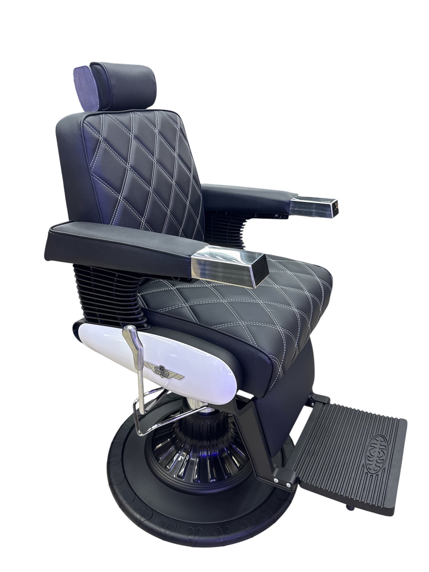 Barbershop chair black leather zilver frame italy style