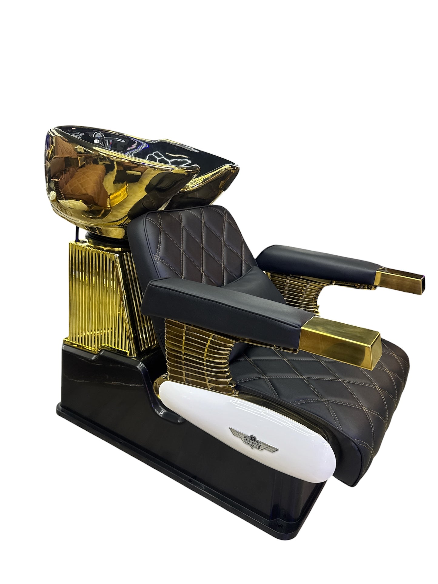 Barber shop wash unit black leather gold frame white unit Italy style