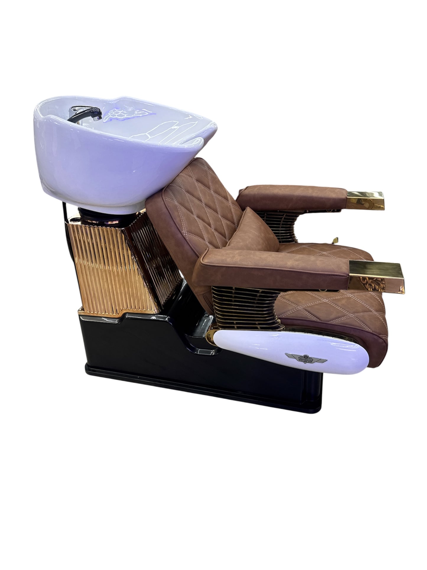 Barber shop wash unit brown leather gold frame white unit Italy style