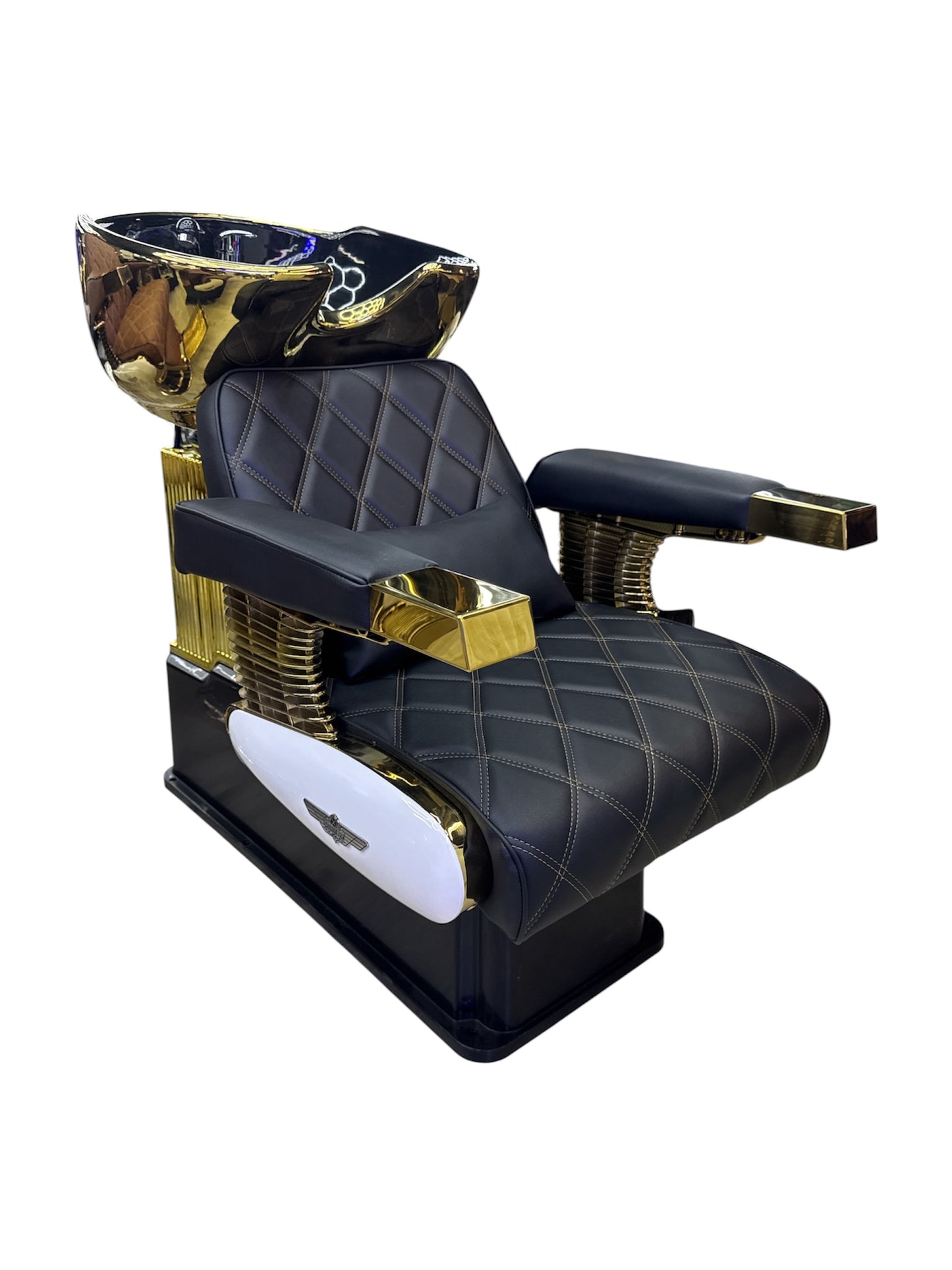 Barber shop wash unit black leather gold frame white unit Italy style