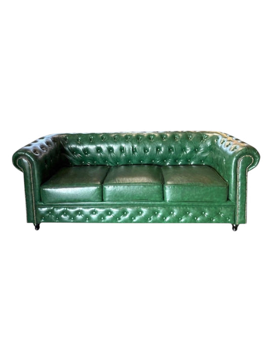 Vintage Green Leather Chesterfield Sofa – Classic Tufted 3-Seater