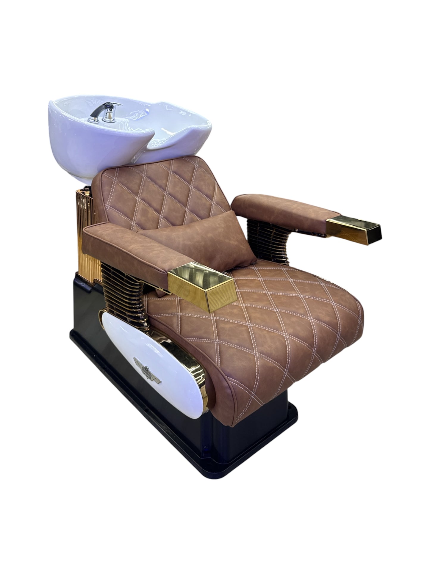 Barber shop wash unit brown leather gold frame white unit Italy style