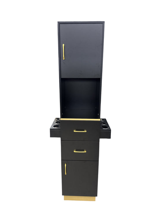 Storage Station Cabinet w/2 Drawers 2 Storage Cabinets 6 Hair Dryer Holders black