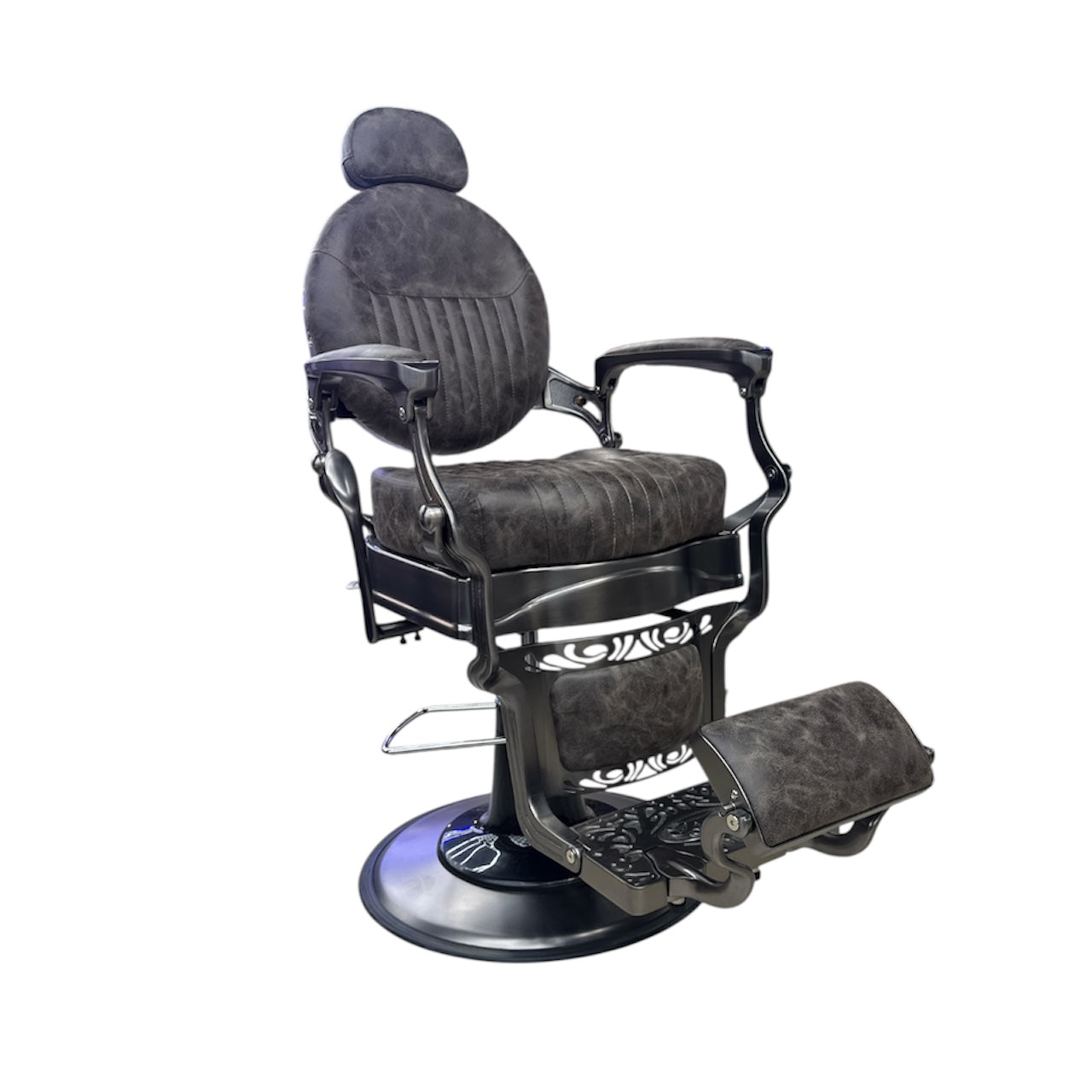 EDMONTON Brushed Grey Frame Brown Leather Barberchair golden style