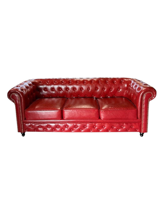 Luxury Red Chesterfield Leather Sofa – Classic Handcrafted 3-Seater
