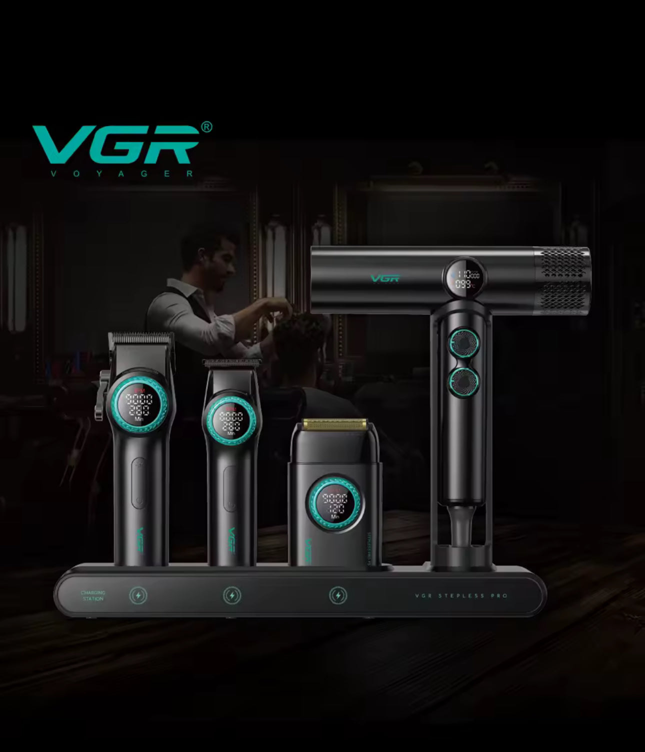 Barber VGR Hair Trimmer Professional Hair Clipper Cordless Barber Clipper 9000 RPM Beard Shaver Hair Dryer Infinitely Variable Pro 4-in-1
